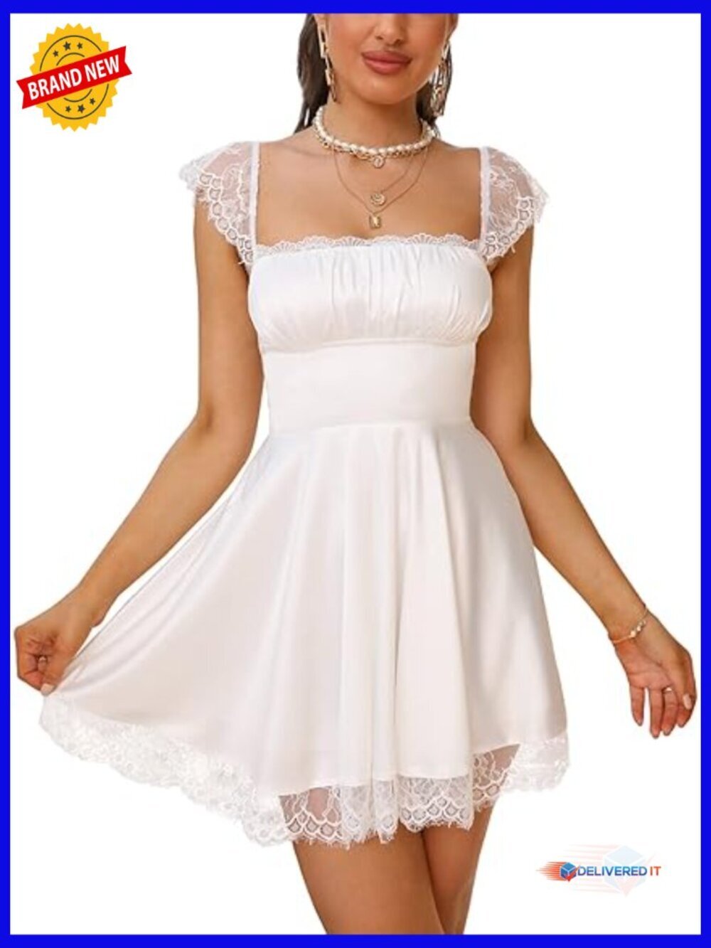 Satin Lace Strap Mini Dress Square Neck Backless Graduation Casual